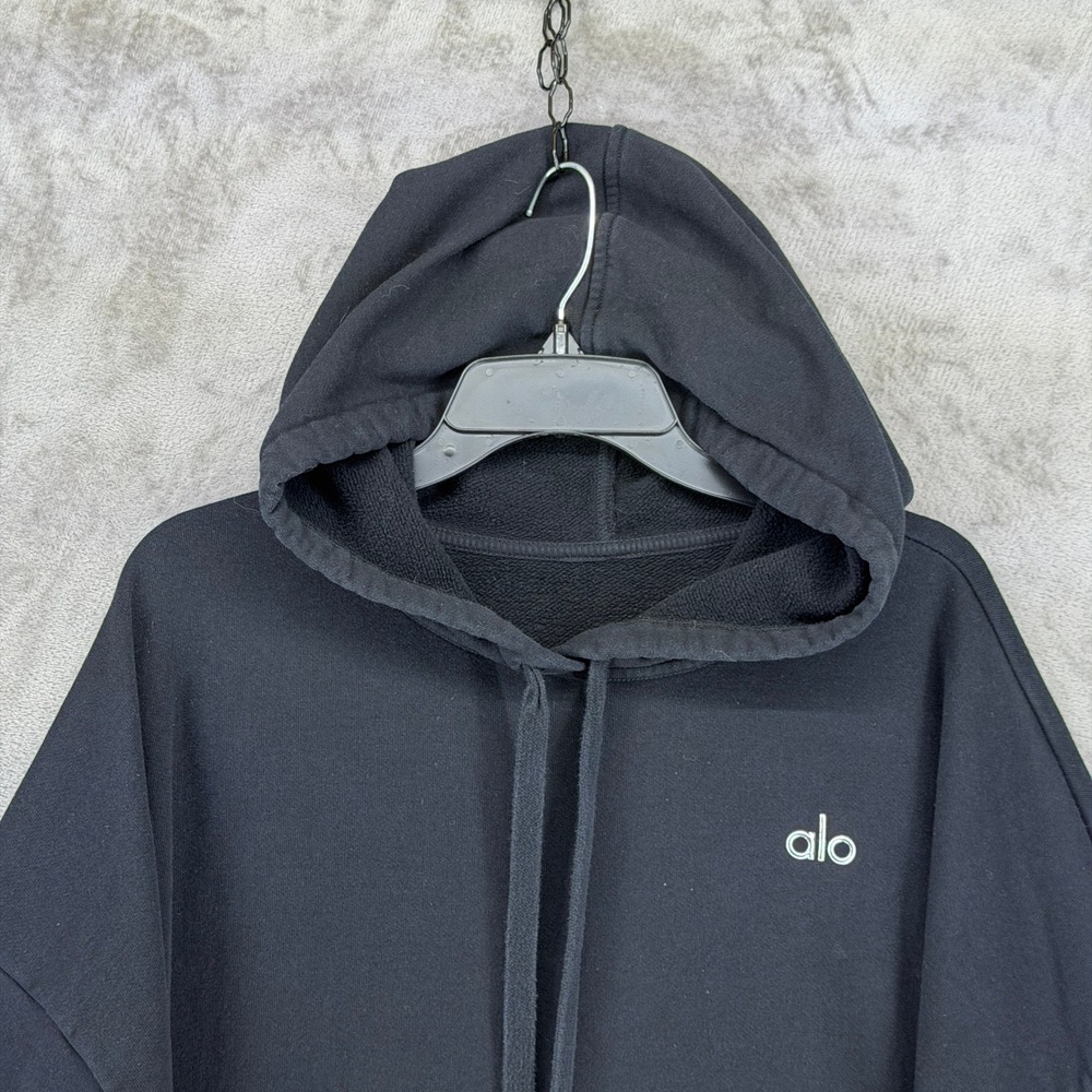Alo Yoga Black Oversized Pullover Hoodie Logo Fleece Athleisure Sweatshirt - Picture 2 of 8